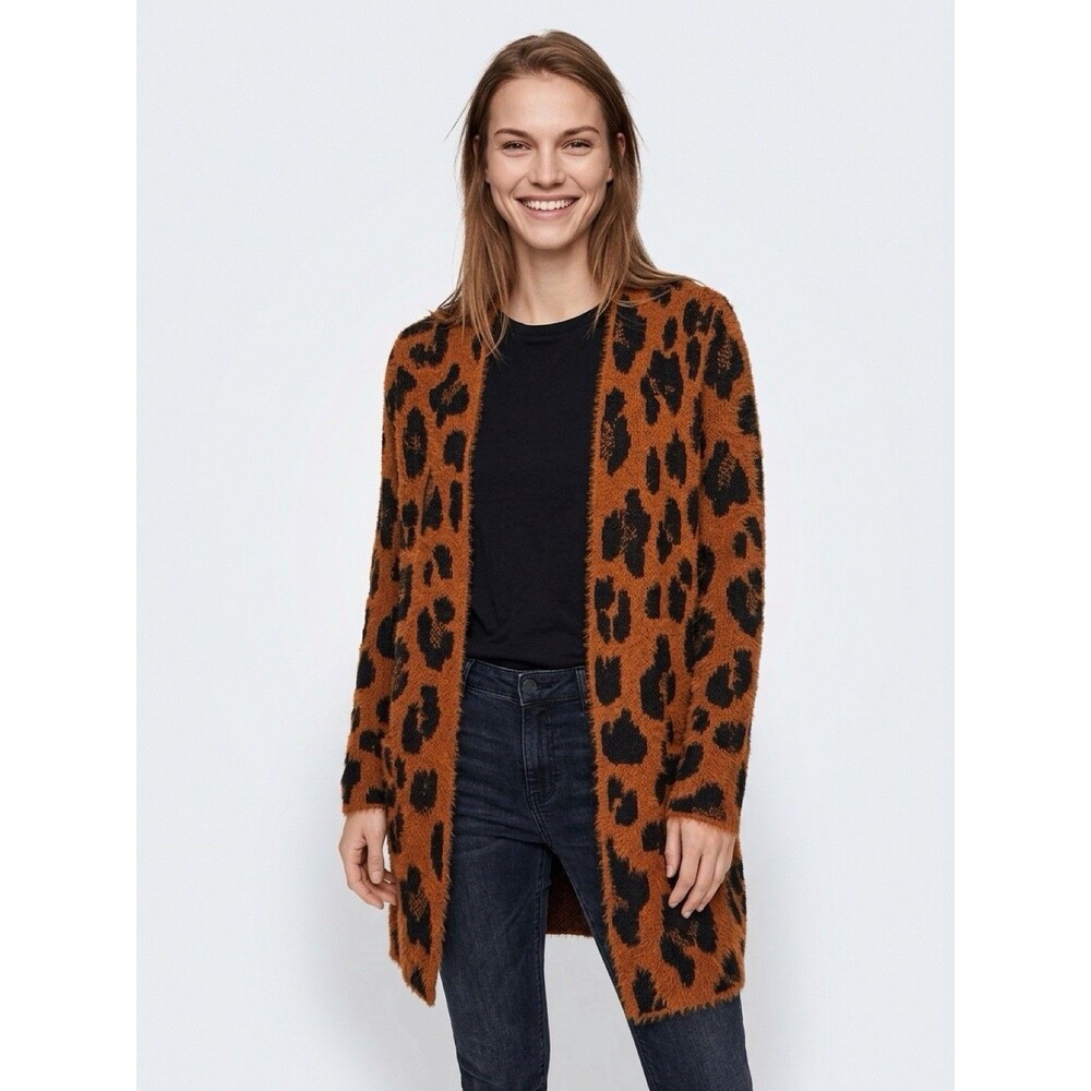 Nine West Women Small Cardigan Brown Cheetah Leopard Long Sleeve Sweater Pockets